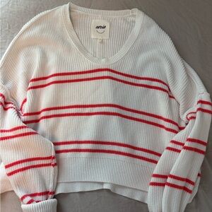 Aerie Women's White and Red Striped Sweater
